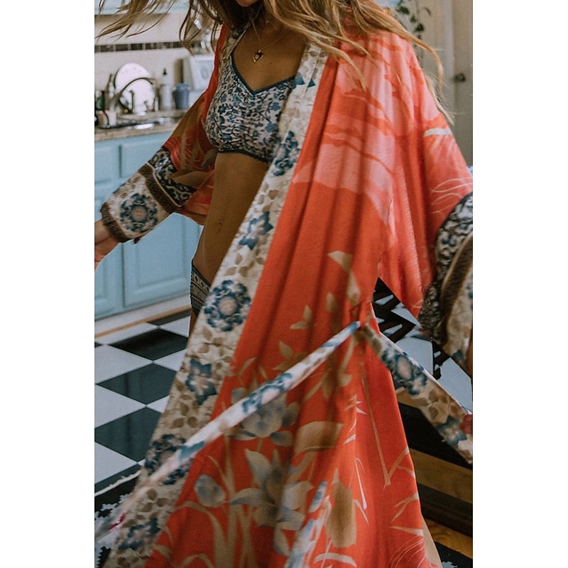 Women's Swimwear Cover Up Swimsuit Tie Front Tropical Beach Wear Flower V Wire Long Sleeve Bathing Suits3