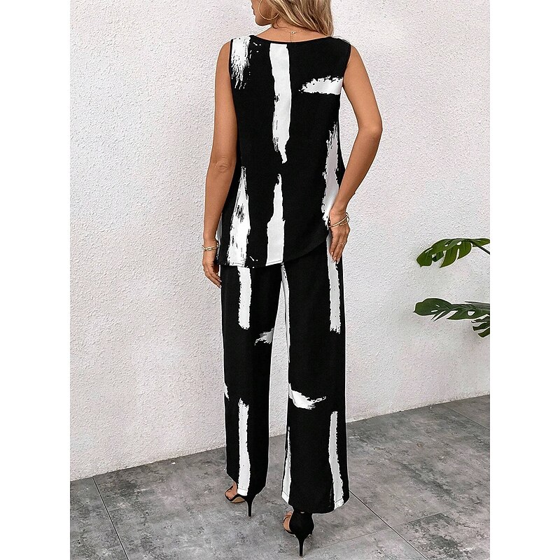 Women's 2 Pieces Fashion Daily Tank Top Pants Sets Sleeveless Round Neck Graphic Geometric Print Casual Daily Black White Summer Regular Fit2