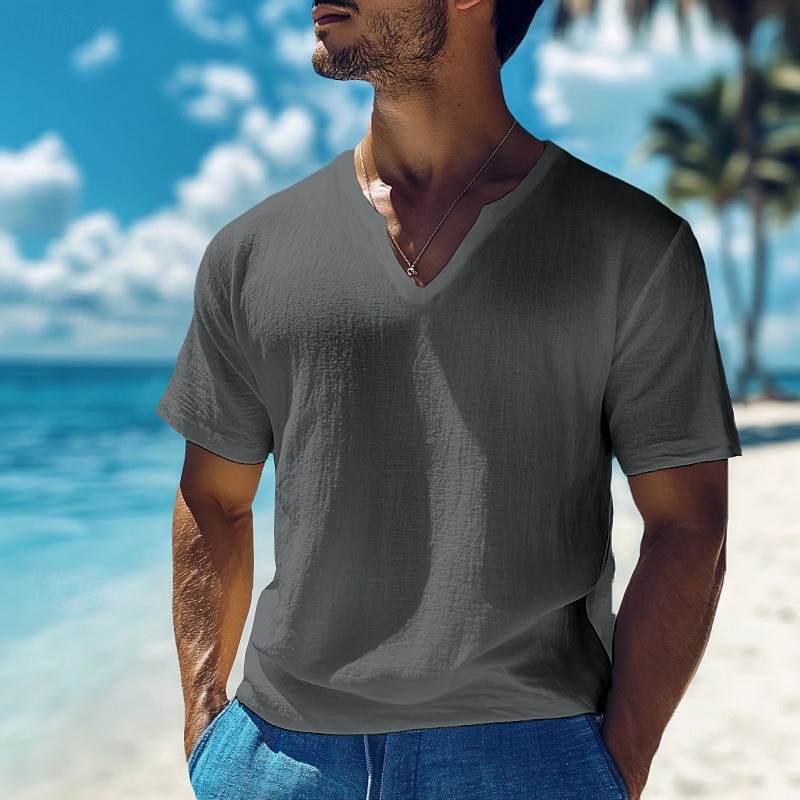 Men's Cotton Linen T Shirt Tee Top Short Sleeves V Neck Summer Plain Fashion Designer Basic Classic Vacation Casual Daily Black White Yellow Top Tee for Men2