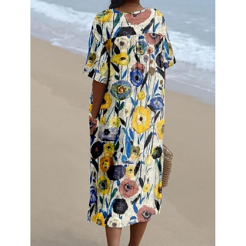 Women's Midi Dress Sundress A Line Dress Linen Vacation Casual Beach Going out Loose Fit Floral Graphic Short Sleeve V Neck Yellow Blue SummerBeach4