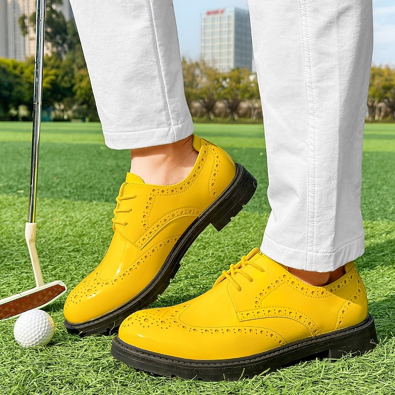 Men's Vibrant Yellow Brogue Golf Shoes, Lace-Up, Water-Resistant Leather, Stylish Choice for Golf and Casual Wear
