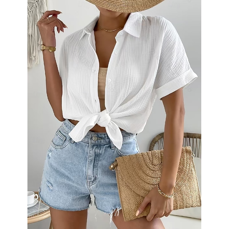 Women's Cotton Linen Shirt Blouse Solid Color Elegant Casual Short Sleeve Shirt Collar Regular Tops Daily Holiday Buttons White Summer Spring3