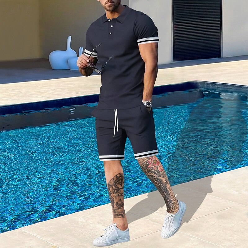 Men's T-shirt Suits 2 Pieces Outfits Tee & Shorts Short Sleeve Lapel Summer Plain Fashion Casual 2 Piece Vacation Daily Wear Going out Black White Navy Blue Top Tee for Men3