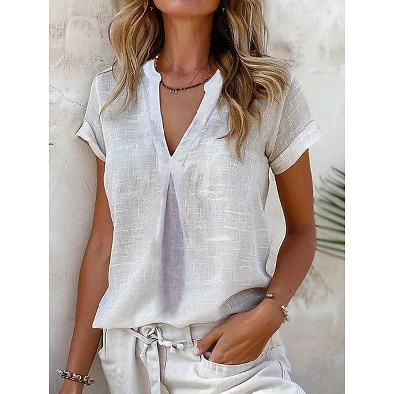 Women's Shirt Cotton Linen Shirts Daily Business Short Sleeve Cap Sleeve High Neck Regular Tops Work Daily Yellow Blue Sky Blue Light Grey Summer2