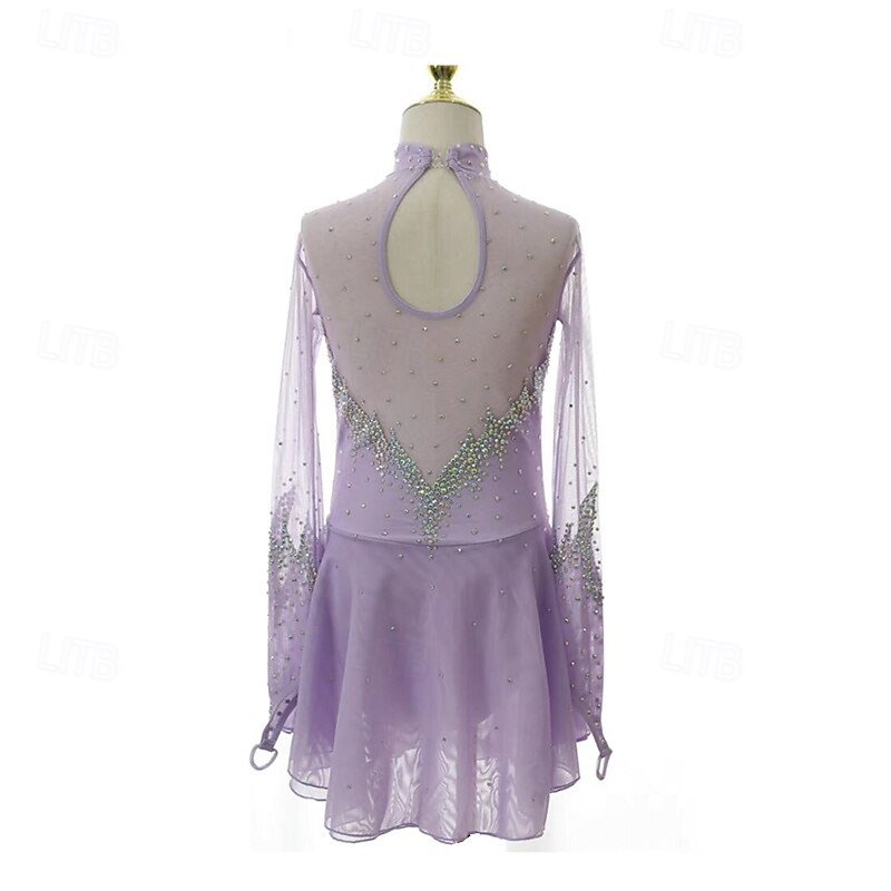 Figure Skating Dress Women's Girls' Ice Skating Dress Light Purple Patchwork Asymmetric Hem Mesh Spandex Stretchy Training Practice Professional Skating Wear Thermal Warm Crystal / Rhinestone Long2
