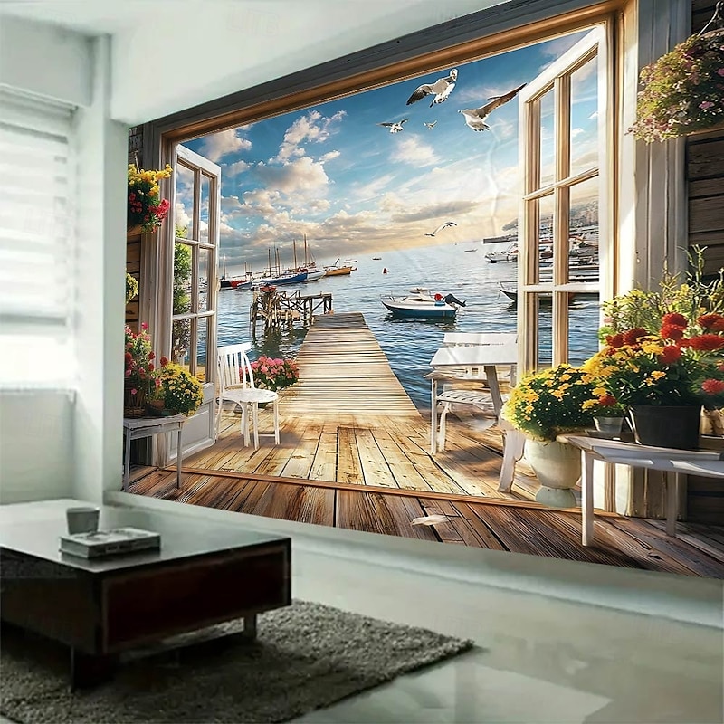 View outside the window Hanging Tapestry Wall Art Large Tapestry Mural Decor Photograph Backdrop Blanket Curtain Home Bedroom Living Room Decoration2