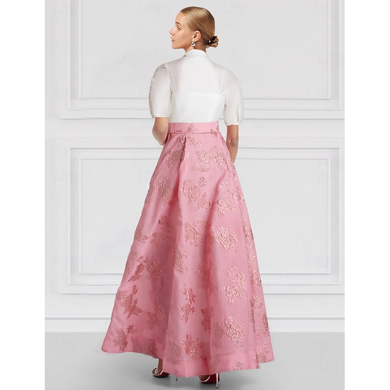 A-Line Mother of the Bride Evening Gown Elegant Dress Formal Wedding Guest Floor Length Half Sleeve Shirt Collar Belt / Sash Nylon with Floral Print Wedding Guest Dress3
