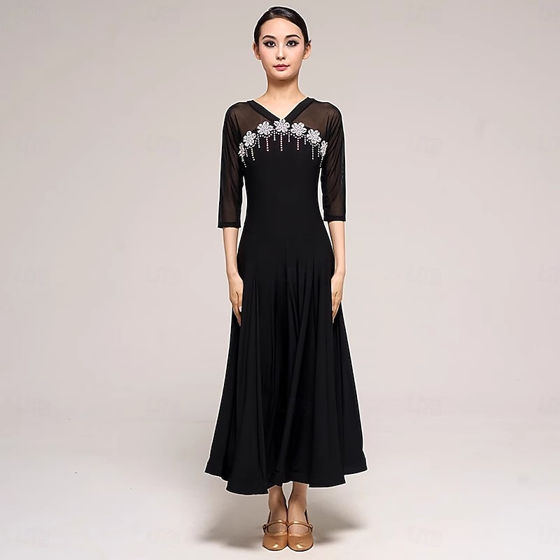 Ballroom Dance Dress Splicing Crystals / Rhinestones Women's Performance Party 3/4 Length Sleeve Crystal Cotton Mesh4