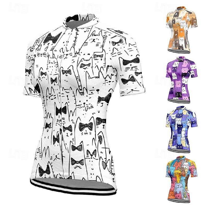 Women's Cycling Jersey Cat Short Sleeve Bike Tee Tshirt Jersey with 3 Rear Pockets Mountain Bike MTB Quick Dry Anatomic Design Wicking Breathable Sports Violet White Dark Purple Clothing Apparel