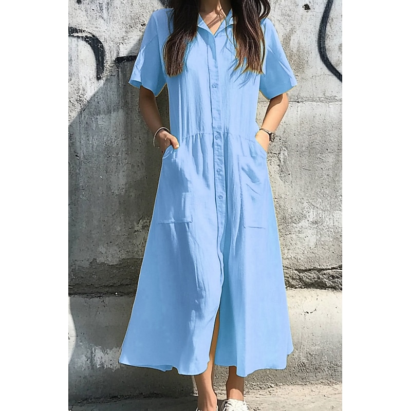 Women's Midi Dress Linen-Inspired Dresses Cotton Linen Dress Fashion  Classic Vacation Going out Weekend Regular Fit Plain Short Sleeve Shirt  Collar Light Pink Yellow Green Light Blue Summer - Product Details