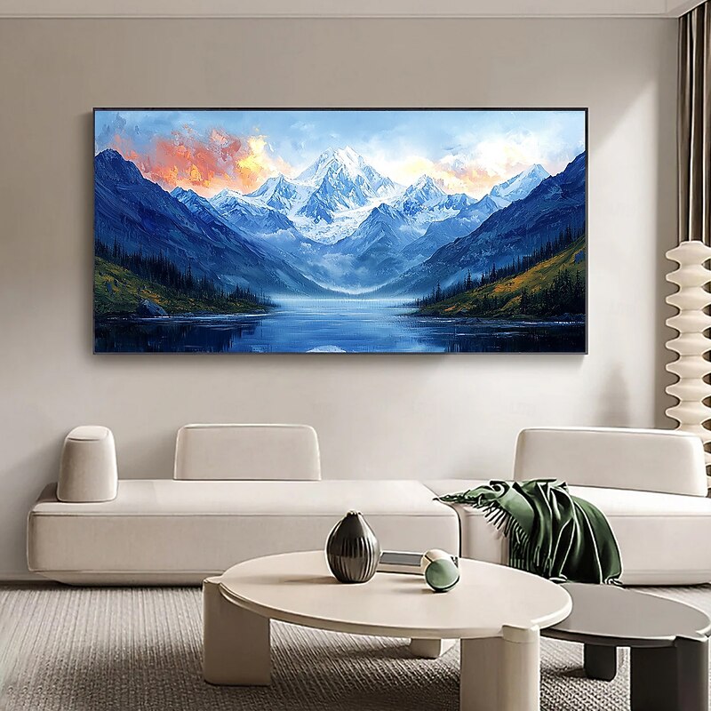 Handmade Original Natural Scenery Painting Oil Painting On Canvas Abstract Snow Mountain Lake Wall Art for Home Decor With Stretched Frame/Without Inner Frame Painting