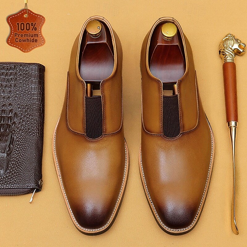 Men's Classic Leather Slip-On Loafers - Brown Business Dress Shoes for Kentucky Derby & Formal Occasions