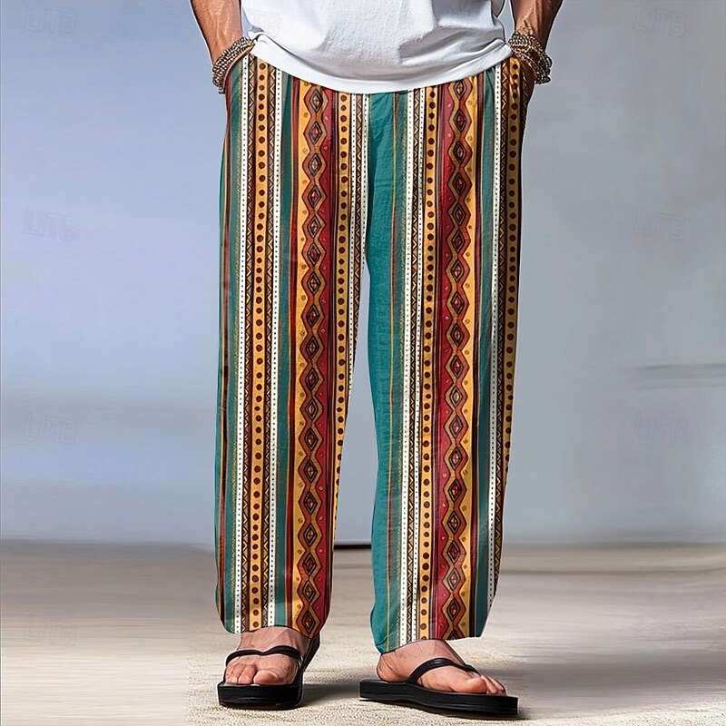 Men's Geometric Ethnic Trousers Baggy Pants Casual Pants Mid Waist Vintage Retro Outdoor Vacation Holiday Drawstring Elastic Waist Wide Leg Summer Spring 3D Print Orange Green4