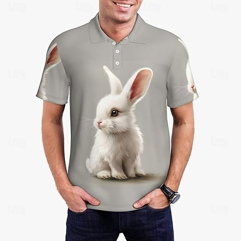 Easter Men's Rabbit Polo Short Sleeve Polo Shirts Collared Shirts Vintage Daily Wear Festival Outfit 3D Print Summer Spring Fall Gray