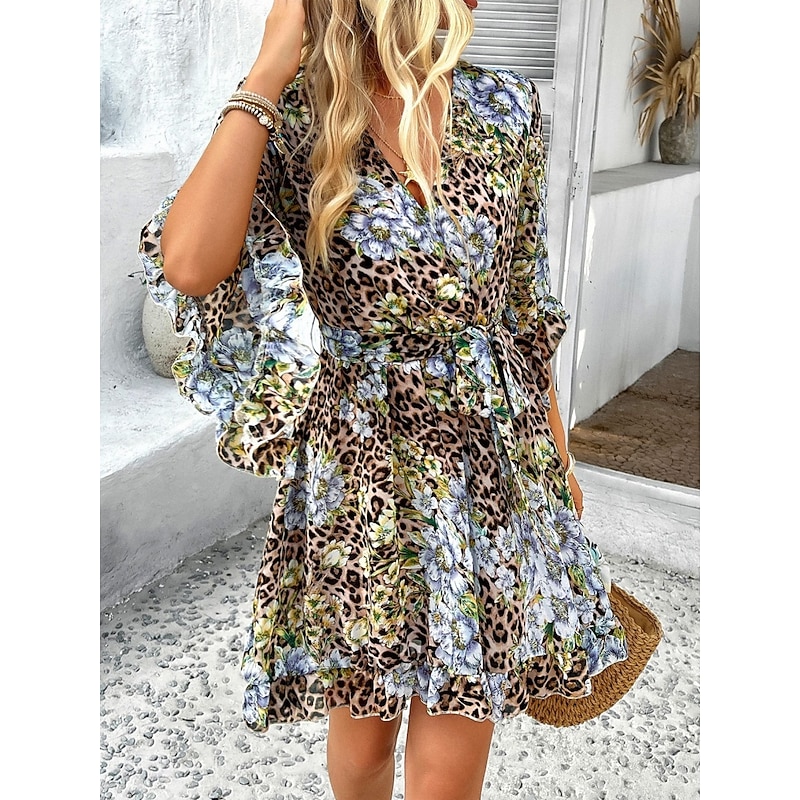 Women's Mini Dress Petite Dress Casual Dress Floral Dress Summer Dress Slip Dress Fashion Modern Daily Beach Weekend Regular Fit Floral 3/4 Length Sleeve V Neck Leopard White Pink Blue Summer