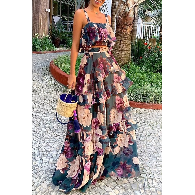 Women's Long Dress Maxi Dress Two Piece Dress Peplum Dresses Fashion Holiday Tea Party Going out Regular Fit Flower Sleeveless Spaghetti Strap Red Navy Blue Green Summer