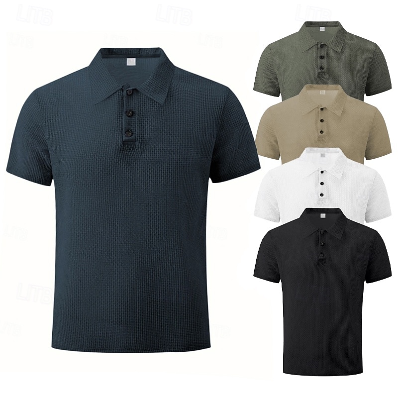 Men's Golf Shirt Golf Polos Shirts Work Casual Lapel Short Sleeve Basic Modern Plain Buttons Jacquard Summer Spring Regular Fit Black White Navy Blue Khaki Army Green Golf Shirt
