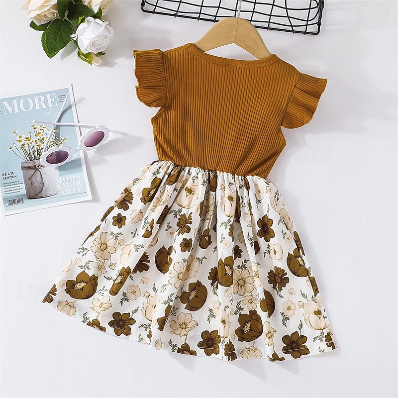 Kids Girls' Dress Floral Dress Flower Sleeveless Outdoor Casual Ruffle Fashion Daily Cotton Knee-length Casual Dress A Line Dress Summer 4 years+ Black Pink Wine3