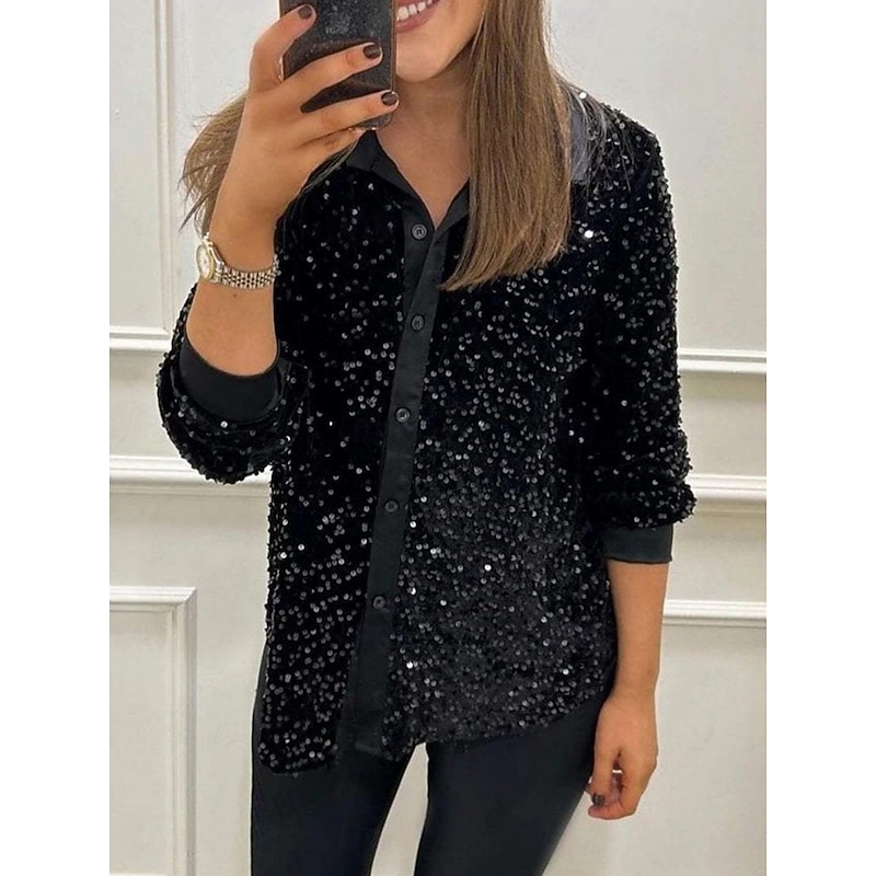 Women's Shirt Blouse Plain Stylish Modern Long Sleeve Shirt Collar Regular Tops Daily Sequins Buttons Pocket Black Yellow Red Blue Purple Summer2