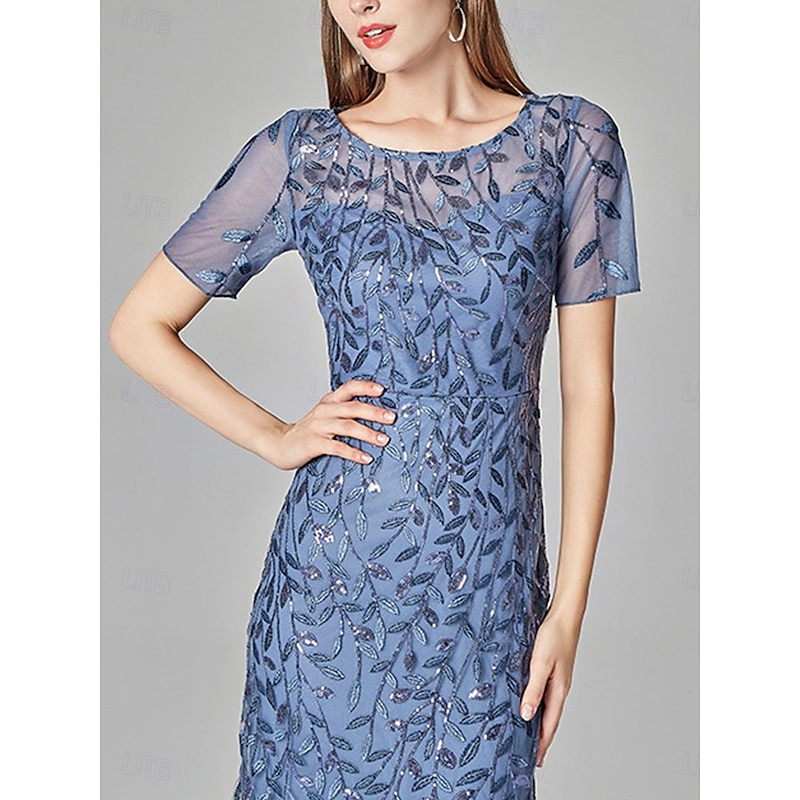 Mermaid / Trumpet Wedding Guest Dresses Elegant Dress Wedding Guest Birthday Floor Length Short Sleeve Crew Neck Tulle with Sequin Embroidery3