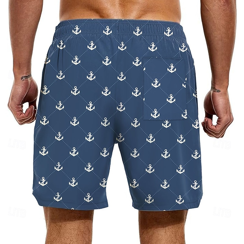 Men's Nautical Anchor Lined Shorts 2 in 1 Board Shorts Swim Shorts Mid Waist Hawaiian Vacation Holiday Beach Wear Side Pockets With Compression Liner Elastic Drawstring Waist Designer Clothing Apparel2