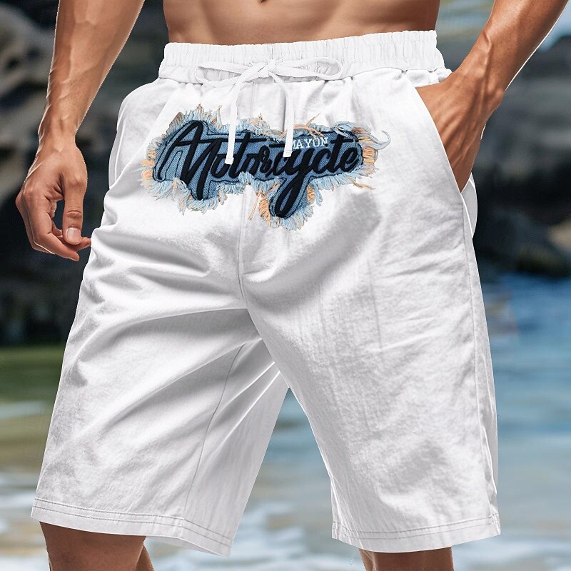 Men's Shorts Linen Shorts Summer Shorts Beach Shorts Embroidered Drawstring Elastic Waist Plain Comfort Breathable Knee Length Outdoor Daily Beach Fashion Hip-Hop Black White