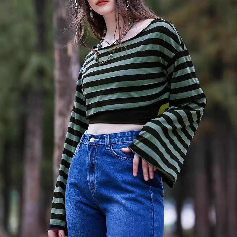 Punk & Gothic Sweatshirt Goth Girl Boat Neck Striped Fancy Dress Women's Casual Daily Adults' Top Spring & Summer3