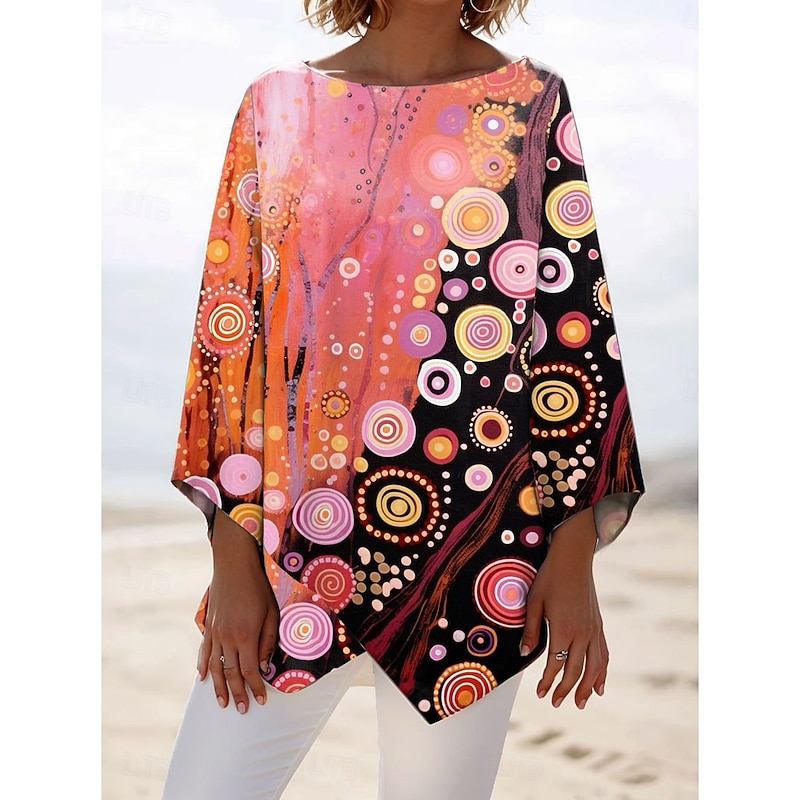 Women's Blouse Long Sleeve Asymmetrical Hem Ombre Graphic Polka Dot Stylish Beach 3/4 Length Sleeve Crew Neck Regular Tops Daily Print Pink Blue Orange Spring Fall