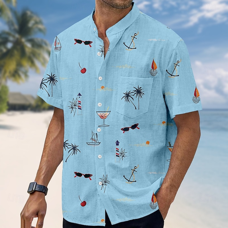 Men's Coconut Tree Tropical Plants Shirt Summer Hawaiian Shirt Stand Collar Shirt Short Sleeve Hawaiian Vacation Holiday Beach Wear Summer Spring Mandarin Collar Band Collar Grandad Collar 3D Print2