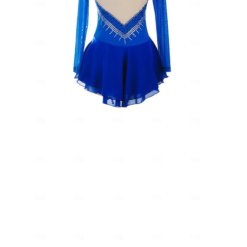 Figure Skating Dress Women's Girls' Ice Skating Dress Blue Patchwork Open Back Mesh Spandex Stretchy Training Practice Professional Skating Wear Thermal Warm Crystal / Rhinestone Long Sleeve Ice4