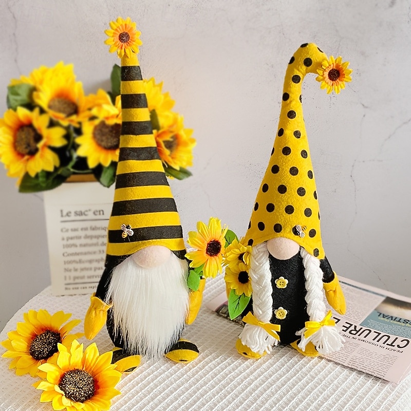 Bee Day Gnome Gift Decoration Long Hat Polka Dot & Striped Faceless Doll with Dwarf, Cute Bee Fairy and Sunflower Doll Figurine for Couple's Decor