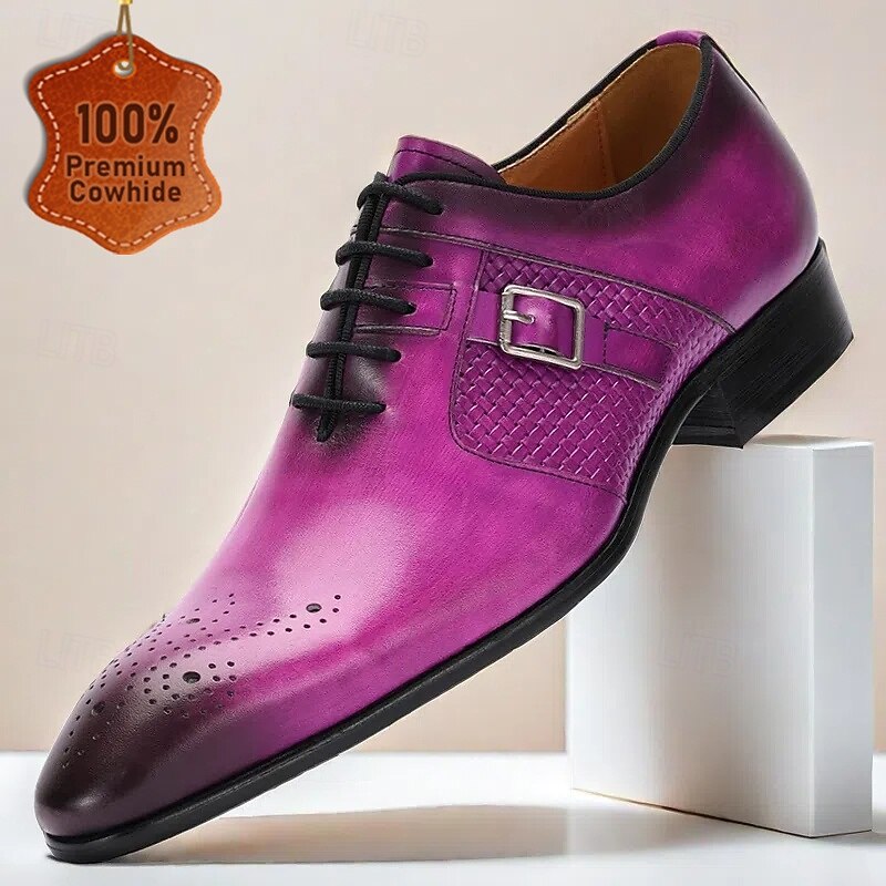 Men's Purple Genuine Leather Monk Strap Prom Shoes – Elegant Buckle Dress Shoes with Brogue Detailing for Formal Events & Parties