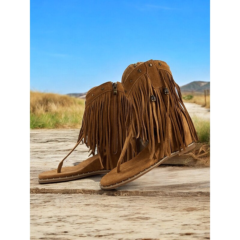 Women's Boho - Style Brown Fringe Ankle Sandals – Trendy and Flowy Footwear for Music Festivals, Beach Walks and Casual Outdoor Gatherings4