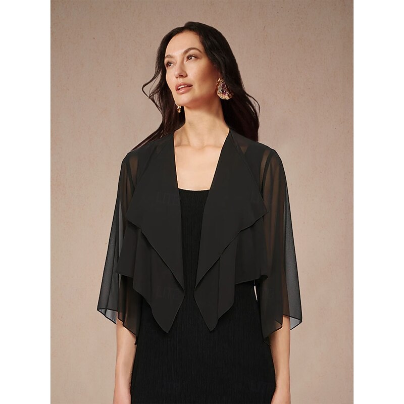 Women's Flowy Tops Chiffon Tops Solid Color Elegant 3/4 Length Sleeve Asymmetrical Crop Tops Wedding Guest Black Summer Spring Fall