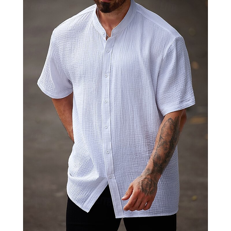 Men's Cotton Linen Shirt Plain Vacation White Short Sleeve Grandad Collar Summer Clothing Apparel