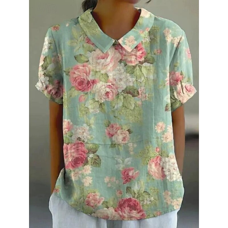 Women's Blouse Floral Elegant Daily Stylish Short Sleeve Shirt Collar Regular Tops Work Daily Holiday Yellow Pink Blue Green Summer
