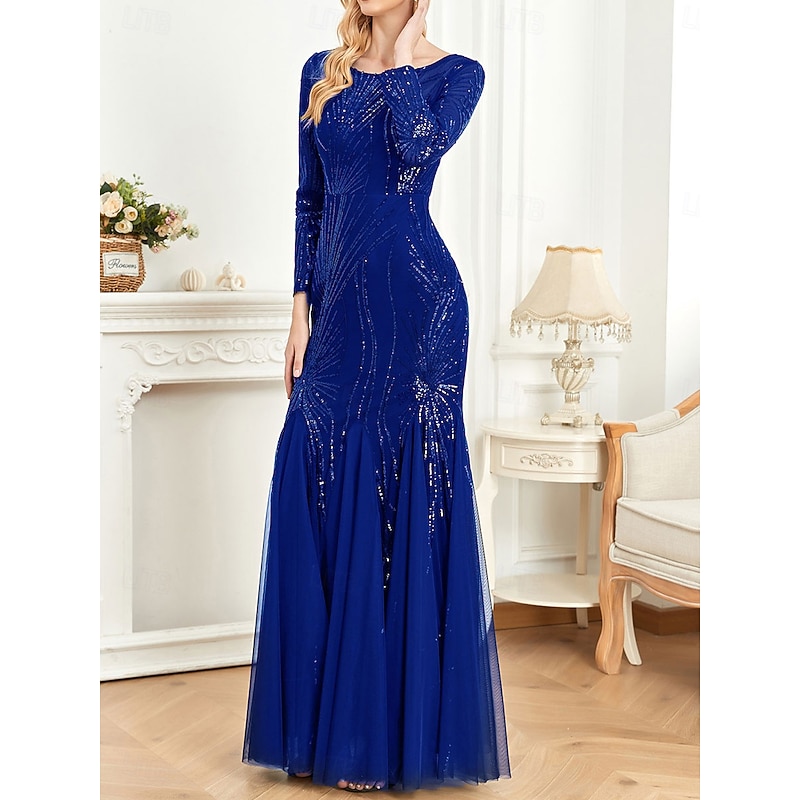 Dress Mother of the Bride Dress Elegant Party Crew Neck Floor Length Cotton Blend Long Sleeve with Sequin2