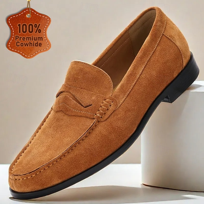 Men's Tan Suede Leather Penny Loafers – Classic Slip-On Dress Shoes for Business, Weddings & Casual Wear