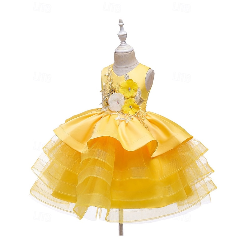 Kids Girls' Party Dress Flower Sleeveless Performance Birthday Mesh Beautiful Sweet Polyester Knee-length Party Dress Swing Dress A Line Dress Summer 4 years+ Yellow Pink Blue3