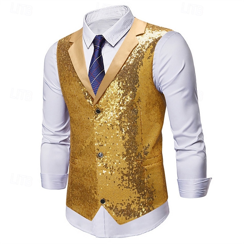 Men's Vest Waistcoat Gilet Vacation Party Business Party Spring &  Fall Buttons Pocket Sequin Polyester Comfortable Plain Single Breasted Lapel Regular Fit Silver Black Gold Vest