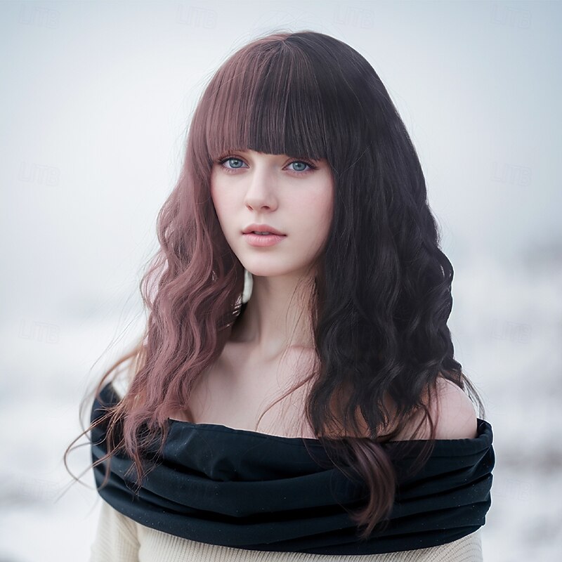 Synthetic Wig Wavy Curly Weave Layered Haircut With Bangs Machine Made Wig 16 inch A1 Synthetic Hair Women's Classic Comfortable Color Gradient Multi-color3