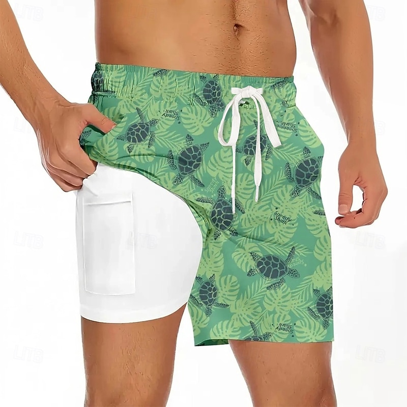 Men's Sea Turtle Lined Shorts 2 in 1 Board Shorts Swim Trunks Mid Waist Hawaiian Casual Vacation Beach Wear Side Pockets With Compression Liner Elastic Drawstring Waist Designer Clothing Apparel