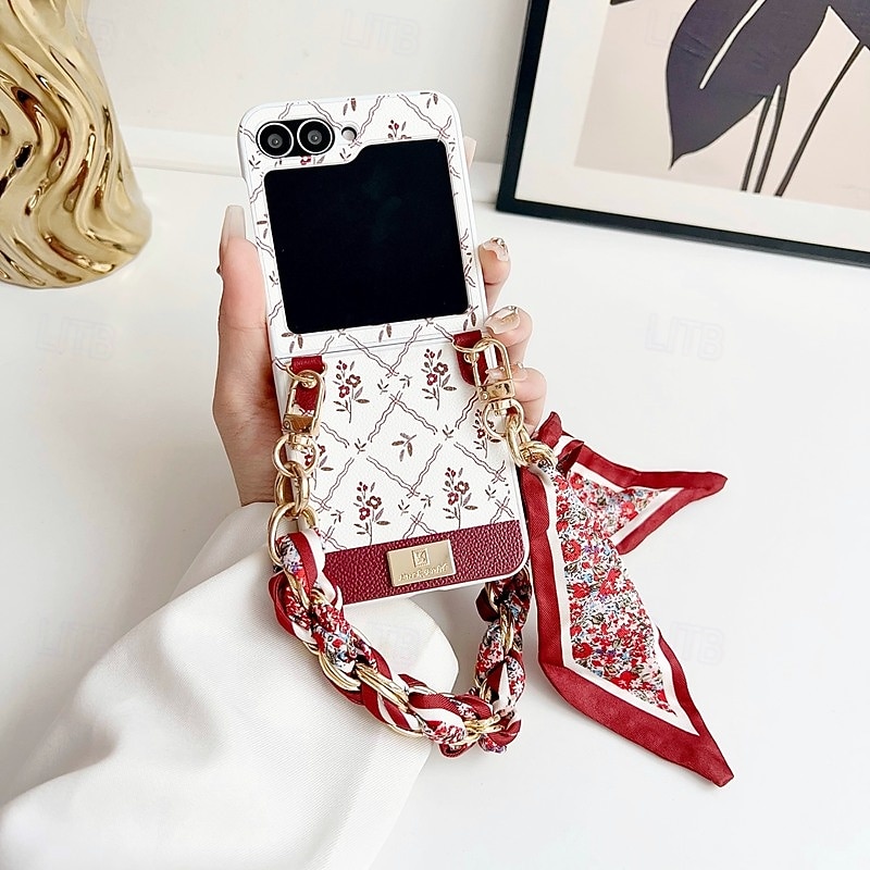 Phone Case For Samsung Galaxy Z Flip 7 Z Flip 6 Z Flip 5 Z Flip 4 Back Cover with Wrist Strap Shockproof Retro PU Leather4