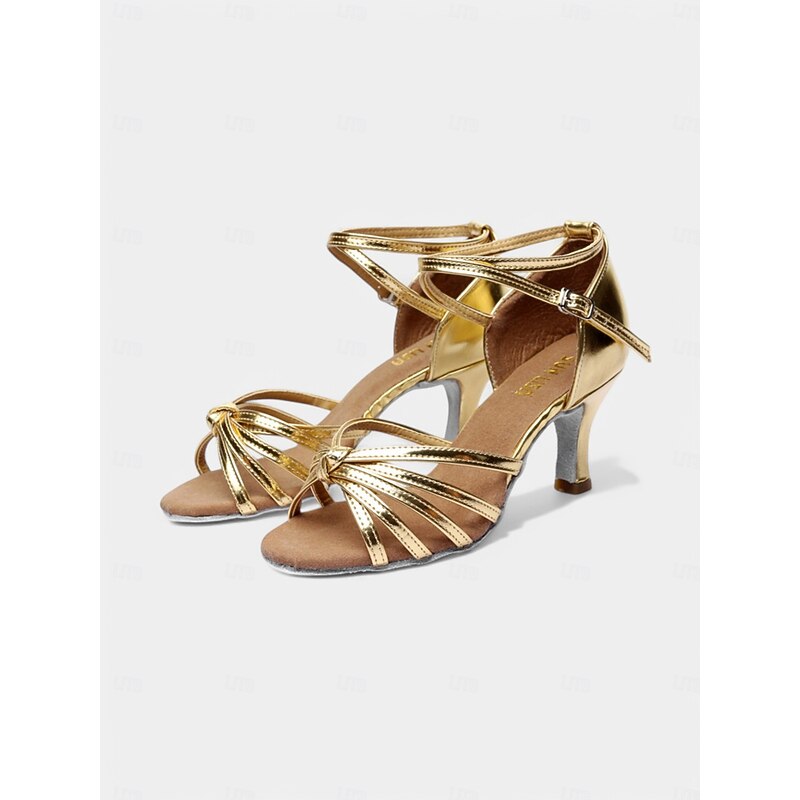 Gold Strappy Latin Dance Sandals for Women – High Heel Ballroom Salsa Shoes with Ankle Straps2