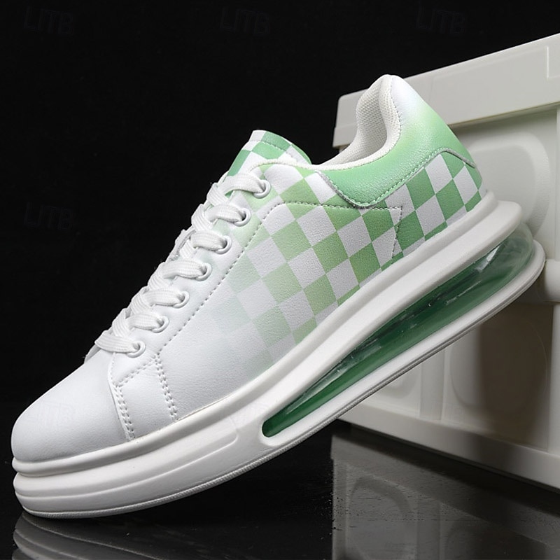 Trendy Men's White and Green Plaid Sneakers with Cushioned Sole - Stylish Spring and Summer Casual Shoes