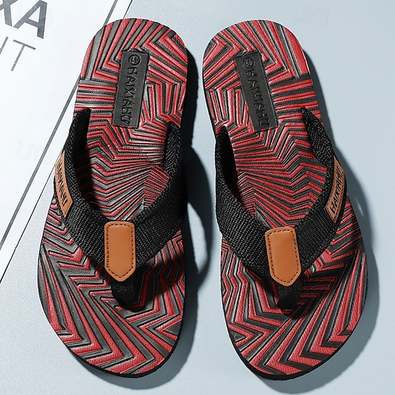 Men's Fashion Flip-Flops - Red and Black Geometric Pattern with Leather Accents - Casual Beachwear