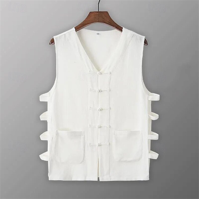 Men's Tank Top Vest Top Undershirt Sleeveless Shirt Sleeveless V Neck Summer Plain Designer Basic Chinoiserie Buttons Vacation Street Going out Black White Wine Top Tee for Men2