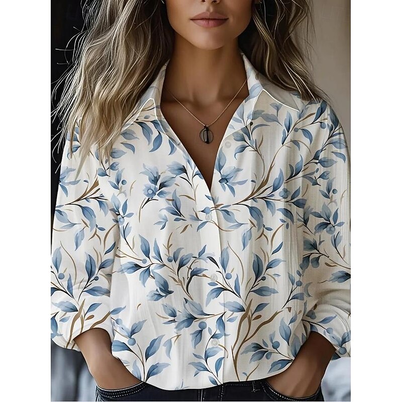 Women's Shirt Button Down Tunic Shirt Collar Long Sleeve Floral Graphic Stylish Casual Regular Tops Daily Going out s White Yellow Light Green Sky Blue Spring