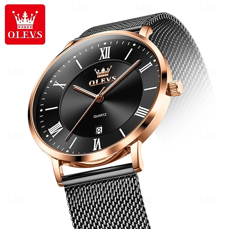 OLEVS 5623 Mens Watch Simple Leisure Roman Scale Date Dial Stainless steel Waterproof Quartz Watch Rose Black2