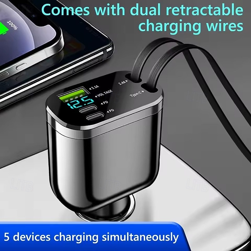 Car Charger Super Fast Charging USB 3.1A Type C PD Fast Charging Voltage Detection Retractable For Ios And Android Phone Charger2